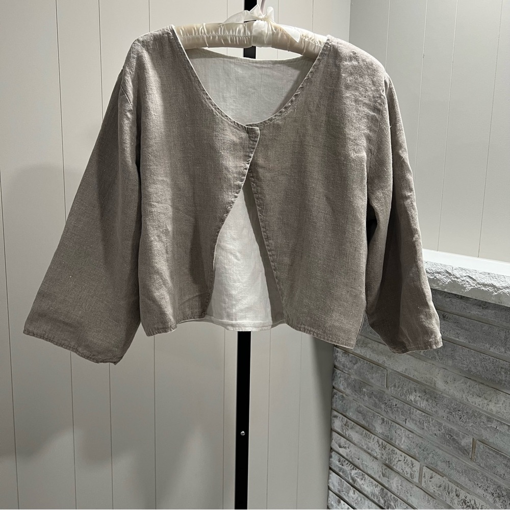 Flax Reversible Double Faced Linen Brown Natural Cropped Cardigan Jacket M